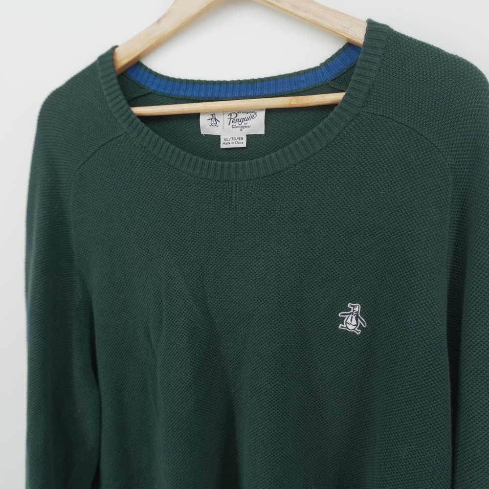 Original Penguin Sweater Mens XL Green Crew Neck Textured Raglan Long Sleeve